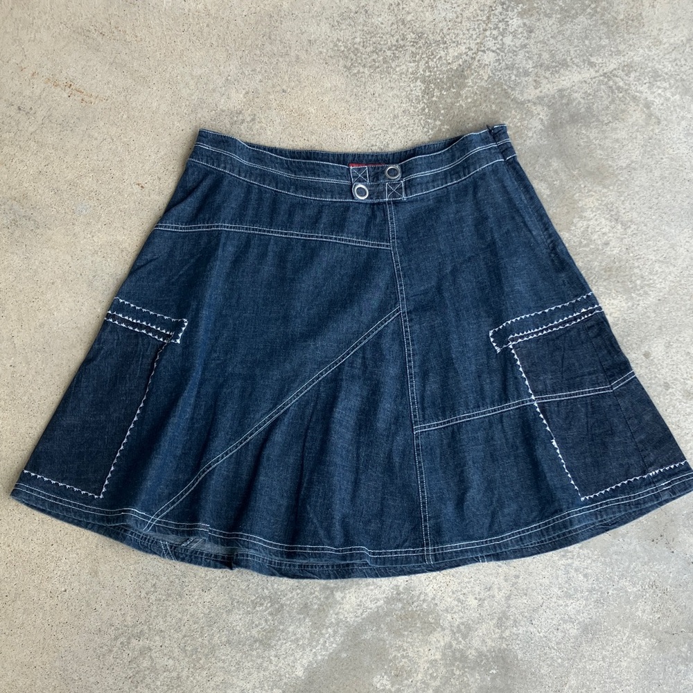 Dark Blue Denim A-Line Skirt with Contrast Stitching